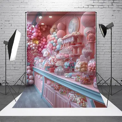 Aperturee Fairy Pink Sweet Candy Store Cake Smash Backdrop, 2X3FT(0.6MX1M), 14 USD, birthday cake smash backdrops, DCSD6I76-M