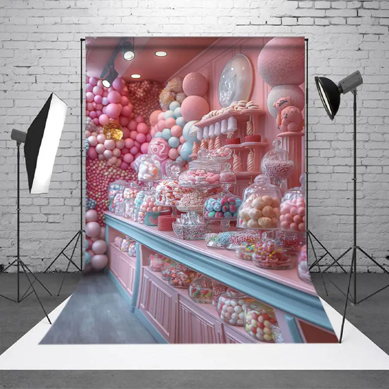 Aperturee Fairy Pink Sweet Candy Store Cake Smash Backdrop, 2X3FT(0.6MX1M), 14 USD, birthday cake smash backdrops, DCSD6I76-M