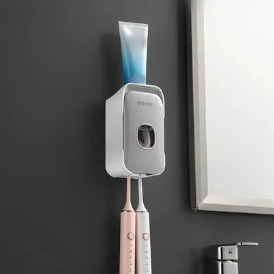 2 in 1 Toothbrush Holder & Toothpaste Dispenser, 1 Count Punch Free Wall Mounted Toothbrush Holder & Toothpaste Dispenser, Ba...
