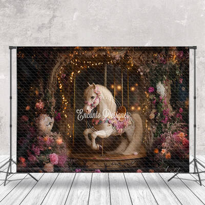 Light Twinkling Floral Fairy Tale Carousel Backdrop - Aperturee