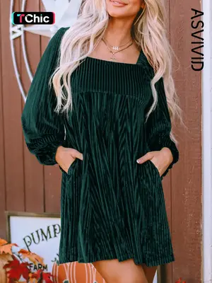 Women's Plain Bishop Sleeve Tie Back Square Neck Dress, Elegant Long Sleeve A Line Short Dress for Party Holiday Wedding Gues...