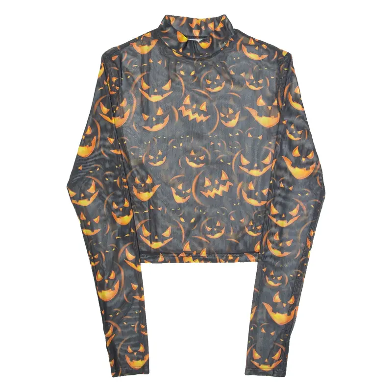 Pumpkin Halloween Mesh Womens Printed Top Black High Neck Long Sleeve S