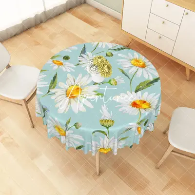 Aperturee Charming Daisy Pattern White Petals Blue Tablecloth, Dia 4 ft / 1.2 m, 26.22 USD, round tablecloths, ZJY04616-B