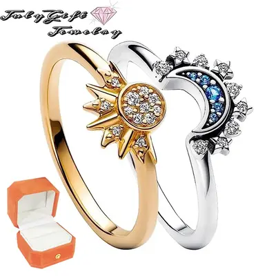 1 Pair Celestial Sun and Moon Ring Set, Sparkling Sun Moon Ring , Friendship Promise Matching Rings, Anniversary Birthday Gif...