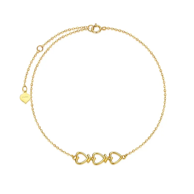 14K Gold Heart With Heart Single Layer Charm Anklet