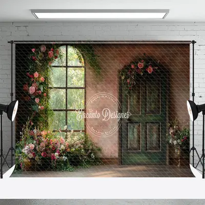 Aperturee Floral Plant Retro Pink Door Window Photo Backdrop, 3X2FT(1MX0.6M), 14 USD, door and window backdrops, ENHD1J90-M