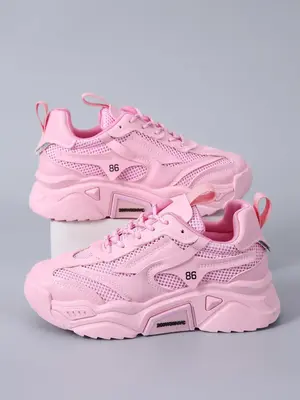 Women's Plain Lace-up Letter Design Thick-soled Sneakers, Trendy PU Leather Mesh Breathable Casual Sports Running Shoes, Plat...