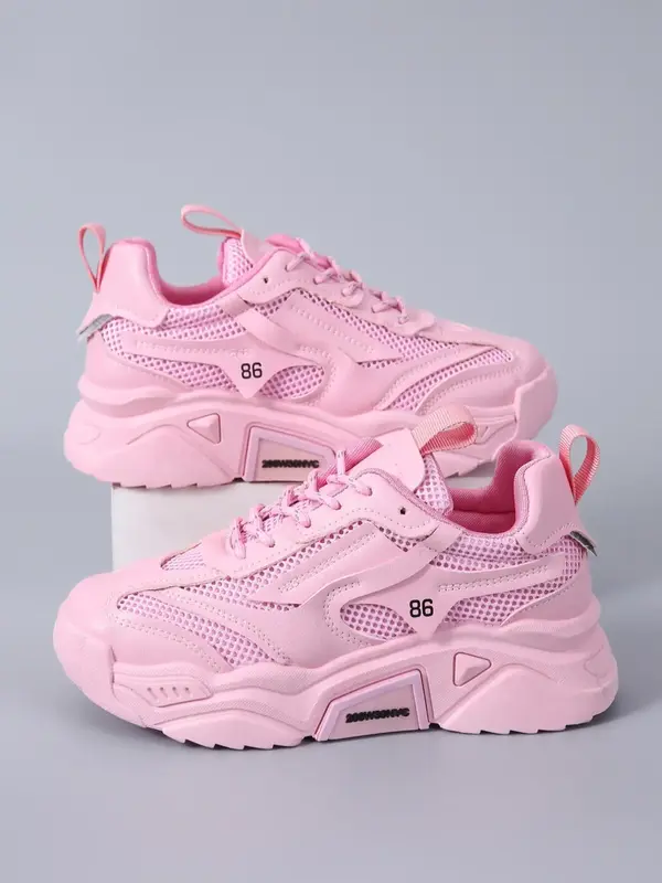 Women's Plain Lace-up Letter Design Thick-soled Sneakers, Trendy PU Leather Mesh Breathable Casual Sports Running Shoes, Plat...