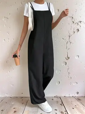 Women's Overall Pants with Pockets, Shoulder Straps, Loose Fit Straight Leg Cargo Pants, Minimalist Fashion Casual Wide Leg J...