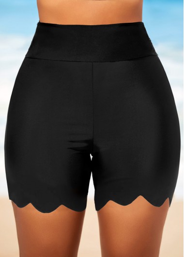 Modlily Wavy Hem High Waisted Black Swimwear Shorts - XS