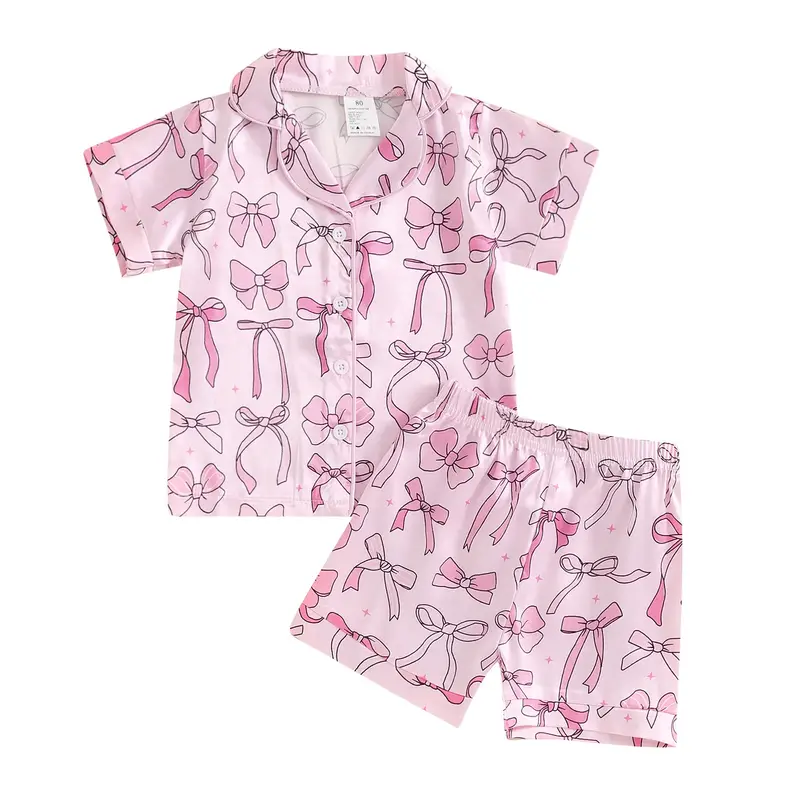 Toddler Girls Pajamas Set Bow Print Short Sleeve Button Down Shirt Tops and Lounge Shorts Satin Silk Pjs Sleepwear