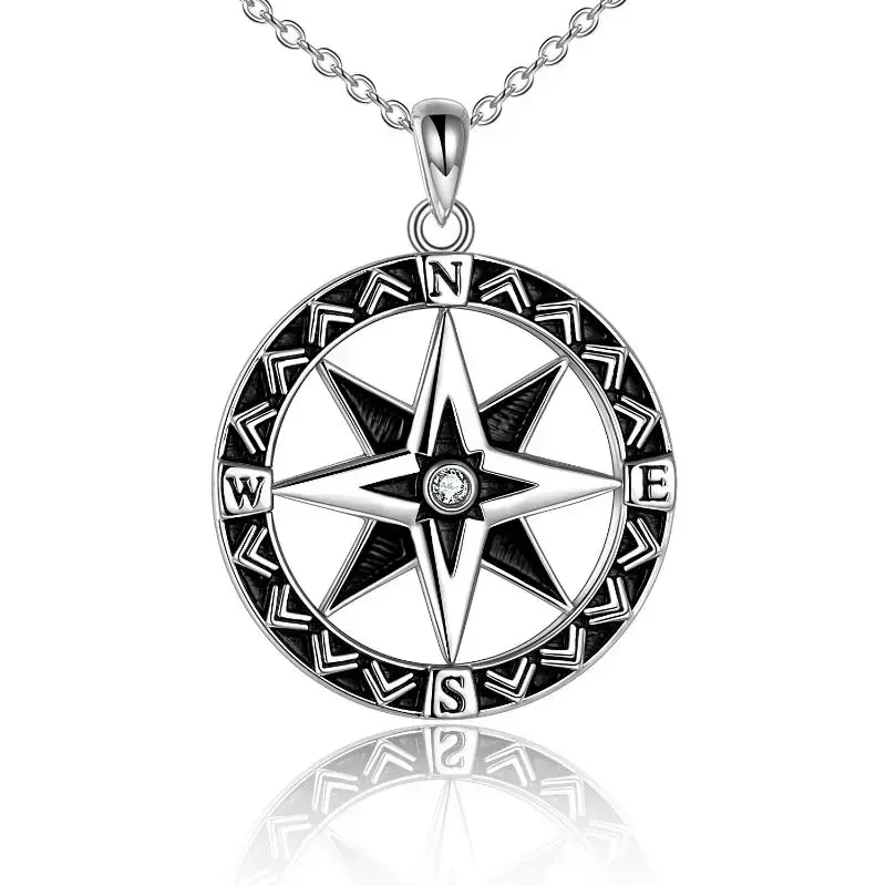 Sterling Silver Circular Shaped Cubic Zirconia Compass Pendant Necklace