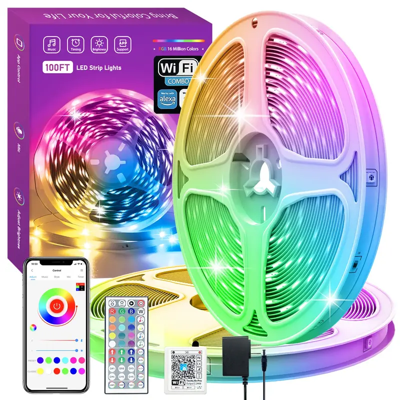 100ft 50FT Smart WiFi Led Strip Lights with Remote APP Control Work with Alexa Google Assistant Music Sync RGB Color Changing...