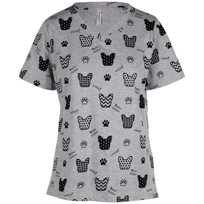 Women's Cat & Dog Print V-Neck T-Shirt - Grey - Cat - L