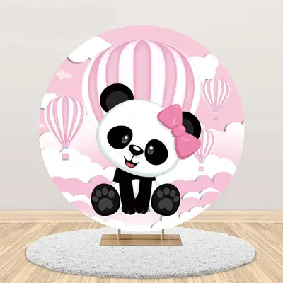 Pink White Hot Balloon Panda Round Birthday Backdrop - Aperturee