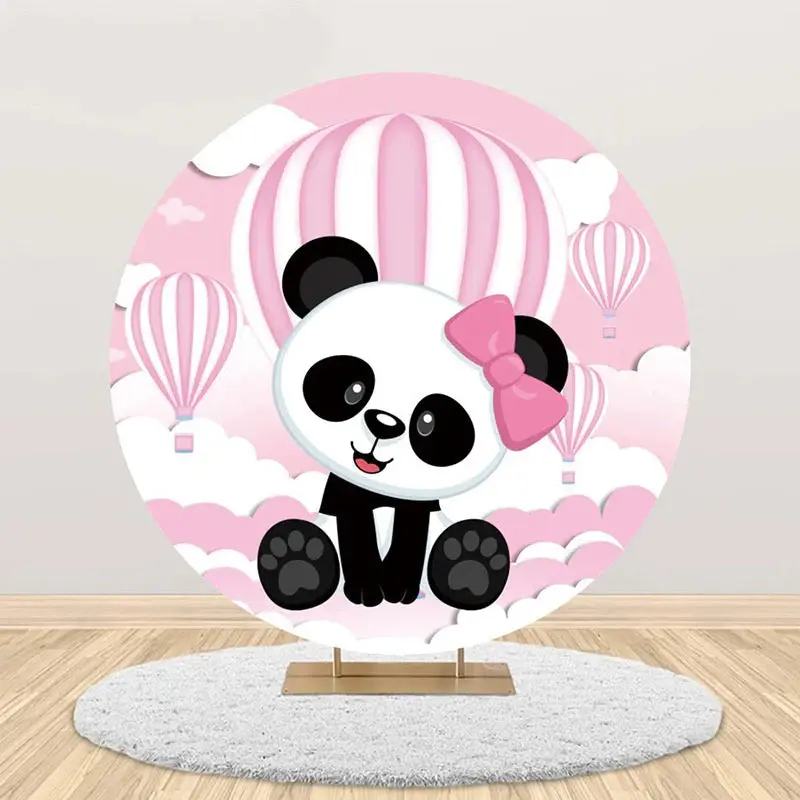 Pink White Hot Balloon Panda Round Birthday Backdrop - Aperturee