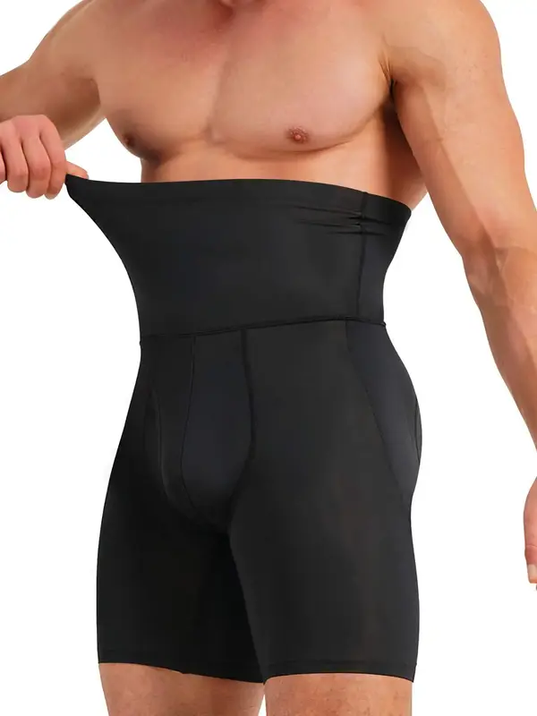Men's Solid High Waist Shapewear Shorts, Tummy Control Shapewear Clothing,  Mid-Thigh Compression Shorts for Men