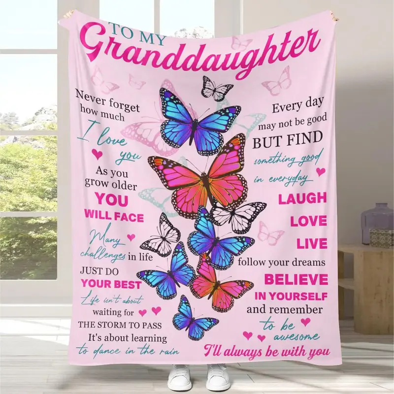 To My Granddaughter Letter & Butterfly Pattern Blanket, Soft Warming Bedding Blanket, Cool Bedroom Bedding Blankets, Gift for...