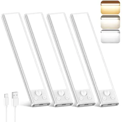 Closet Lights, 4 Pack LED Rechargeable Under Cabinet Lighting Wireless, 3 Color Temps Under Cabinet Lights, Dimmer Motion Sen...