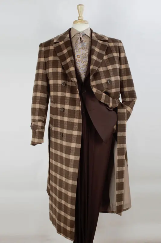 Men's Double Breasted Wool Overcoat - Full Length, Belted, Brown Windowpane