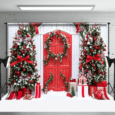 Aperturee Pine Branches Wreath Wood Door Christmas Backdrop - Aperturee