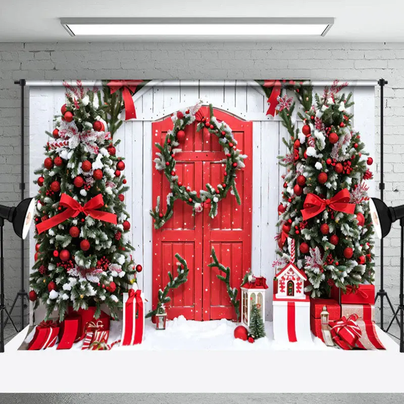 Aperturee Pine Branches Wreath Wood Door Christmas Backdrop - Aperturee