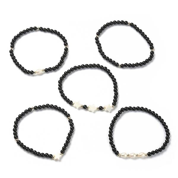 5Pcs 5 Style Synthetic Black Stone & Pearl & Shell Star Beaded Stretch Bracelets Set