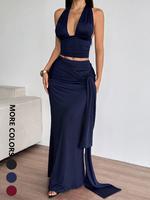Women's Solid Color Halter Neck Top  & Skirt Two-piece Set, Elegant Fashion Casual Deep V Neck Top & Skirt for Daily Outdoor ...