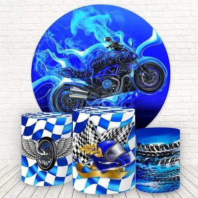 Aperturee Cool Motorcycle Blue Race Round Backdrop Kit For Boy | Custom Round Backdrop | Circle Background For Party | Round ...