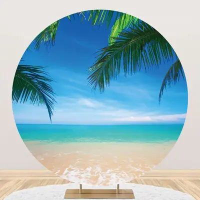 Palm Leaves Blue Sky Hawaii Beach Round Backdrop