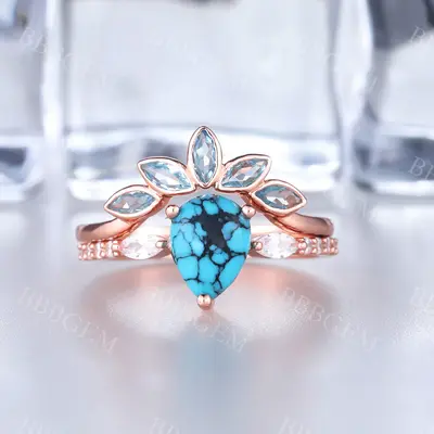 Turquoise Engagement Ring Rose Gold Wedding Ring Set Diamond Bridal Set