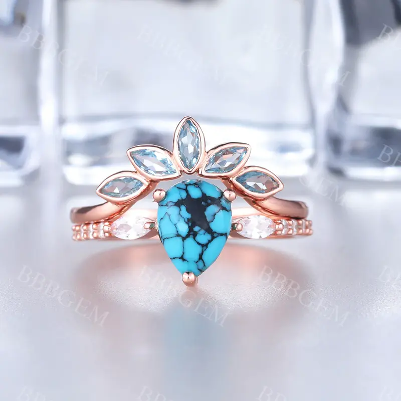 Turquoise Engagement Ring Rose Gold Wedding Ring Set Diamond Bridal Set