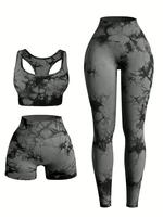 Three-piece Set Women's Tie Dye Print Yoga Bottoms Tracksuit Set, Workout Set, Sporty Scoop Neck Crop Tank Top & High Waist L...