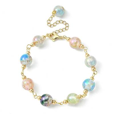 Resin with Gold Foil Round Beaded Chain Bracelet
