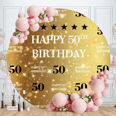 Aperturee Circle Glitter Gold Black Happy 50th Birthday Backdrop