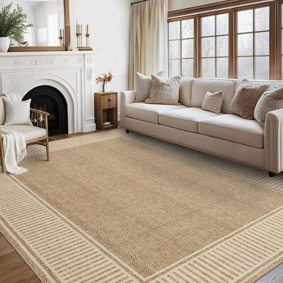 Garvee Bordered Khaki 10x13 Modern Area Rug Washable Large Living Room Rug with Rubber Backing Throw Carpet for Bedroom Dinin...