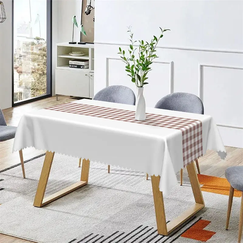 Simple White Brown Checkered Rectangle Tablecloth - Aperturee