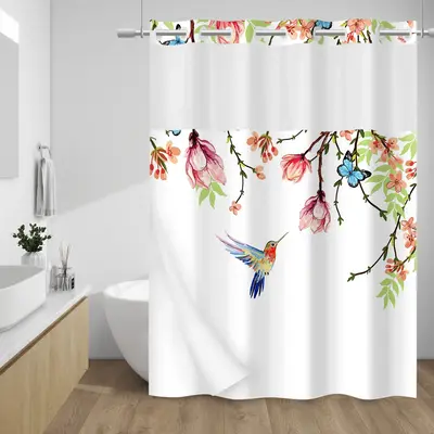 WITHLOC No Hook Shower Curtain with Snap in Liner - Watercolor Floral Shower Curtain - Fabric Waterproof Inner Liner, Plants ...