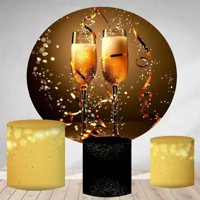 Aperturee Gold Glitter Bokeh Champagne Round Birthday Backdrop Kit | Round Backdrop Stand Covers | Round Party Backdrop | Cus...