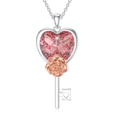 Sterling Silver Cubic Zirconia Rose Heart Lock Necklace for Women