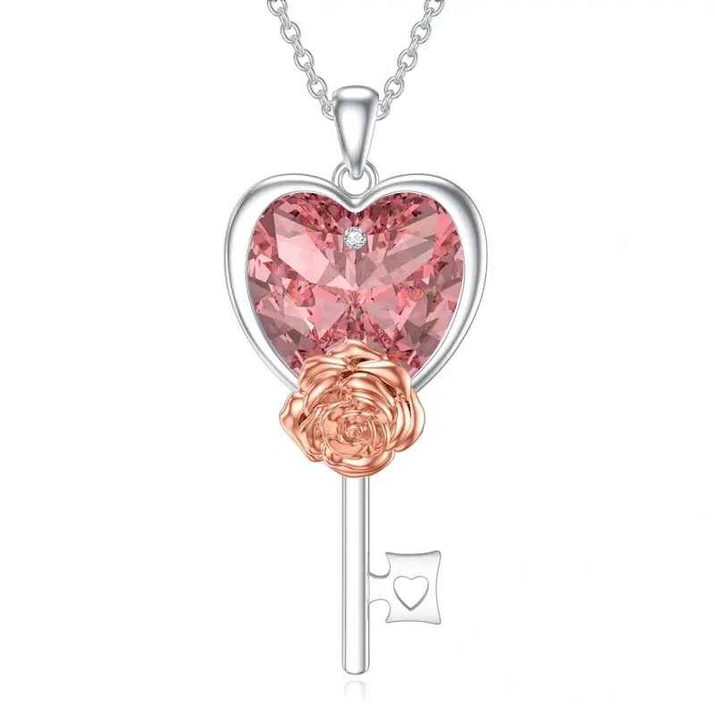 Sterling Silver Cubic Zirconia Rose Heart Lock Necklace for Women