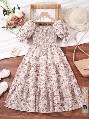 Girl's Ditsy Floral Print Ruffle Trim Shirred A Line Dress, Elegant Square Neck Puff Sleeve Dress for Summer, Kids Clothes fo...