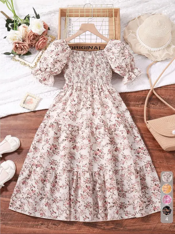 Girl's Ditsy Floral Print Ruffle Trim Shirred A Line Dress, Elegant Square Neck Puff Sleeve Dress for Summer, Kids Clothes fo...