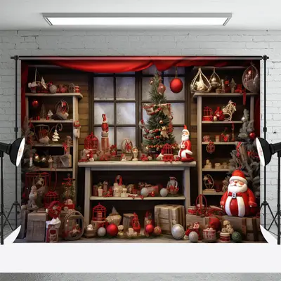 Retro Santa House Christmas Tree Photoshoot Backdrop - Aperturee