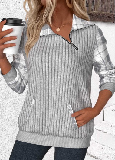 Modlily Light Grey Patchwork Plaid Long Sleeve Asymmetrical Neck Sweatshirt - XL