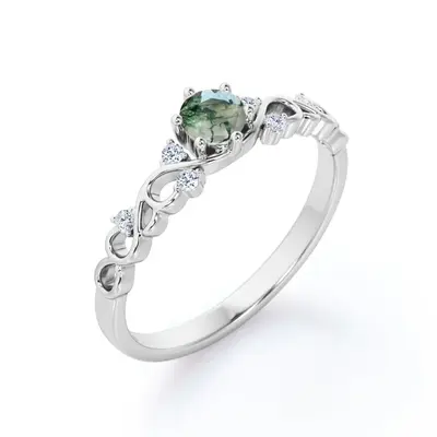 Sterling Silver Round Moss Agate Personalized Engraving & Couple Engagement Ring