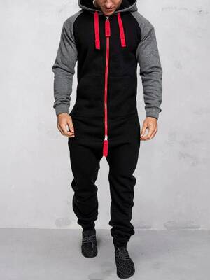 Hooded Fleece Solid Color Jumpsuit, Black/Red / XXL