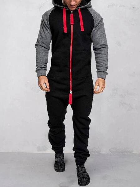Hooded Fleece Solid Color Jumpsuit, Black/Red / XXL