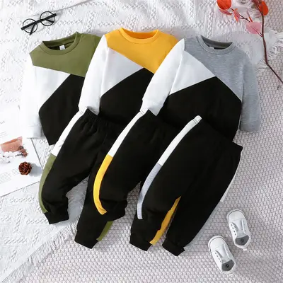 Toddler Boys Contrast Color Pants Sets Long Sleeve Crewneck Sweatshirt Tops 2PCS Fall Winter Clothes