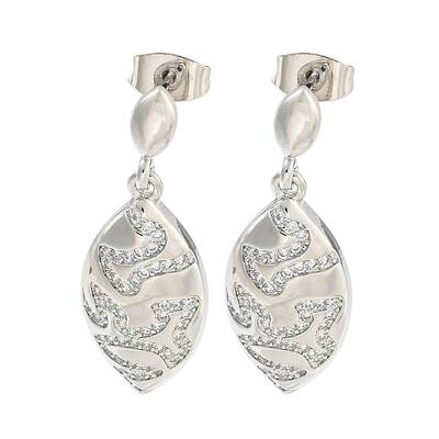 Leaf Brass Pave Clear Cubic Zirconia Dangle Stud Earrings